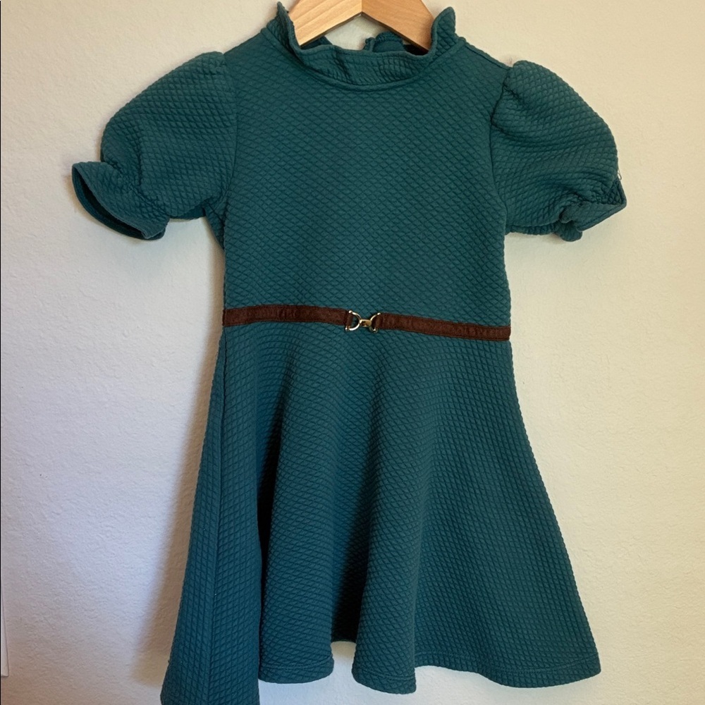 Janie and Jack Teal Textured Dress with Puff Sleeves